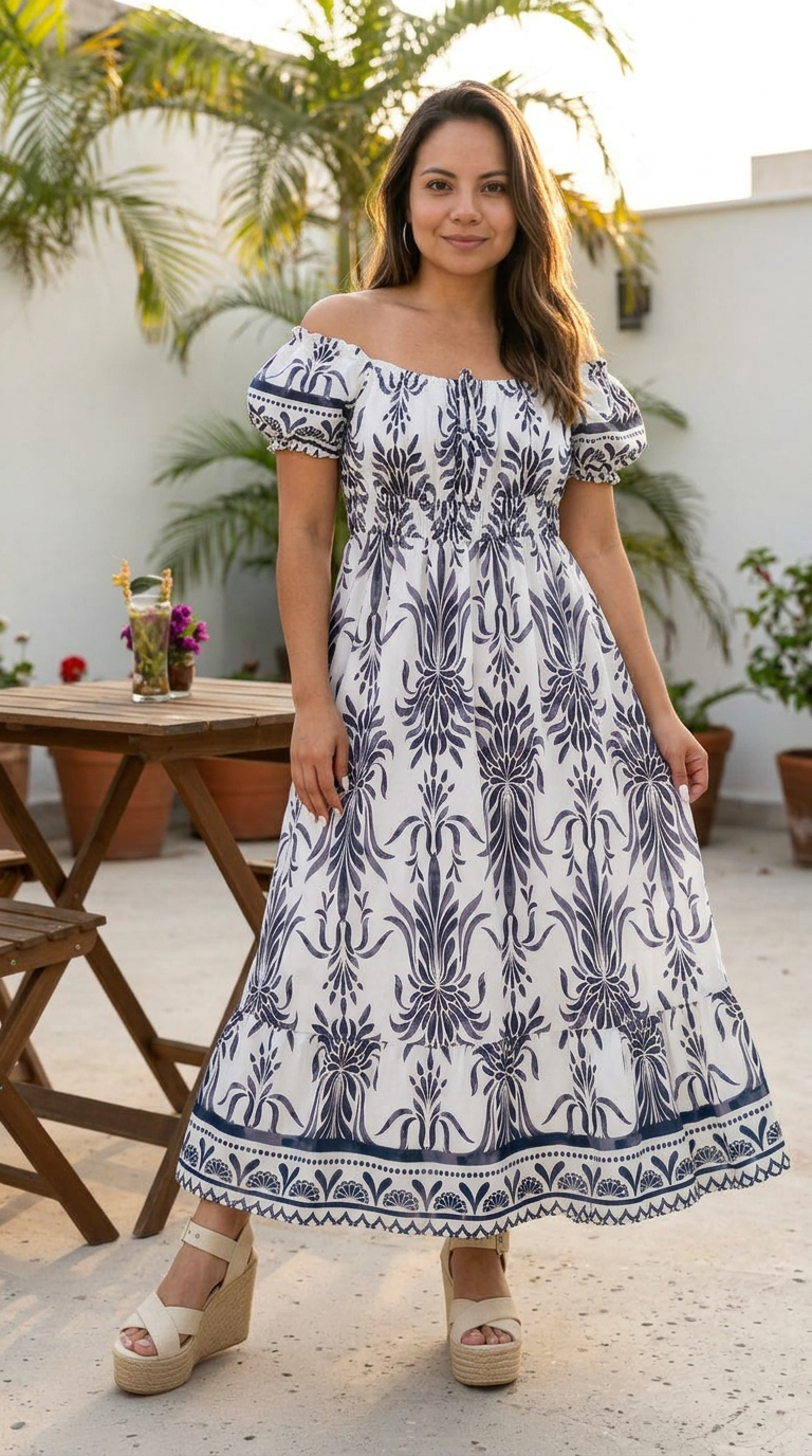 VESTIDO BLANCO CON AZUL MARINO LARGO